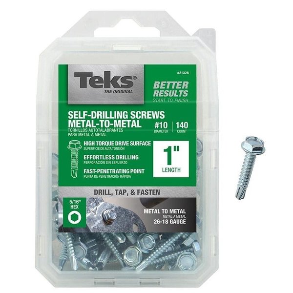 Teks Self-Drilling Screw, #10 x 1 in, Zinc Plated Steel Hex Head Hex Drive 21328